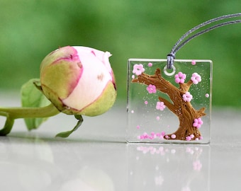 Cherry Blossom Necklace for Women, Sakura Pendant with Japan Tree, Forest Charm, 1 Year Anniversary Gift for Girlfriend, Nature Lover Gift
