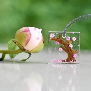 Cherry Blossom Necklace for Women, Sakura Pendant with Japan Tree, Forest Charm, 1 Year Anniversary Gift for Girlfriend, Nature Lover Gift image 1