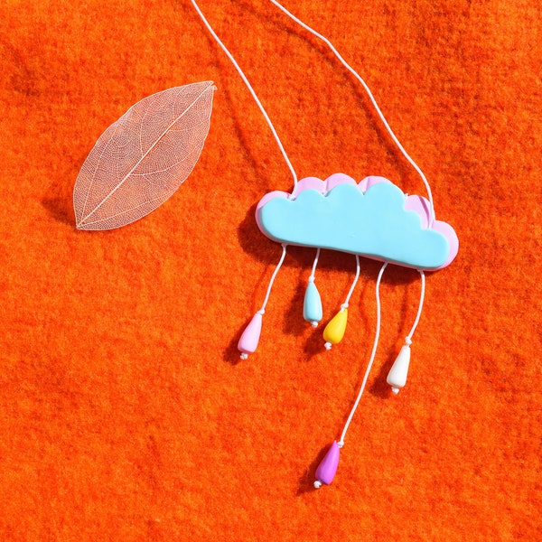 Rainy cloud long necklace with hanging colorful drops, spring gift for women