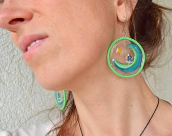 Wave Earrings Turquoise Color, Surf Jewelry for Women, Wanderlust Jewelry, Round Big Earrings, Resin Earrings, Surfer Gift, Nature Jewelry