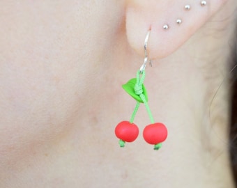 Cherry Earrings Dangle Polymer Clay, Summer Gift Girl, Fruit Earrings, Minimalist Jewelry, Funny Earrings, Small Cute Easter Basket Stuffers