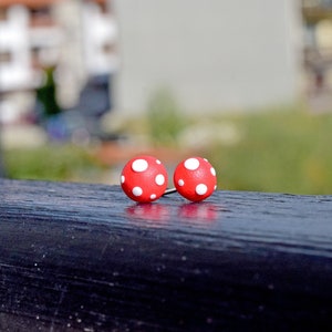 Mushroom Earrings with Red Fly Agaric Tiny Circles, Nature Jewelry for Amanita Muscaria Lover, 1 Year Anniversary Gift for Girlfriend image 3