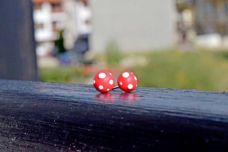 Mushroom Earrings with Red Fly Agaric Tiny Circles, Nature Jewelry for Amanita Muscaria Lover, 1 Year Anniversary Gift for Girlfriend image 3