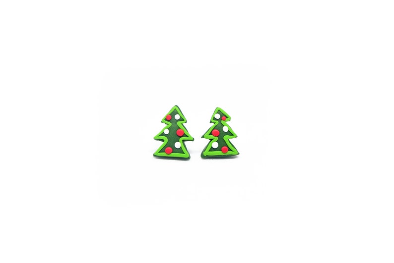 Christmas Tree Stud Earrings, Festive Polymer Clay Holiday Jewelry, Silver Stud Earrings for Young Girls, Childrens Advent Filler image 1