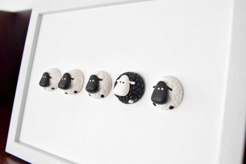 Family Black Sheep Art, Christmas Decorations for the Home, Cute Sheep Office Cubicle Decor, Minimalist Black and White Framed Wall Art Gift image 2