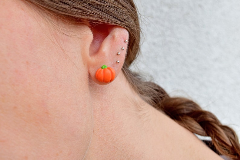 Halloween Pumpkin Earrings, Cute Halloween Pumpkin Studs, Polymer Clay Fall Jewelry for Children, Lightweight Kids Earrings, Halloween Gift image 3