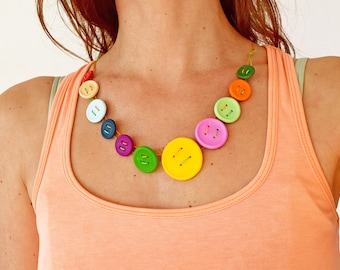 Button Necklace for Women, Colorful Buttons Jewelry, Kindergarten Teacher Gift, Big Necklace, One Year Anniversary Gift for Girlfriend