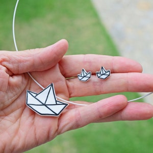 Japan Jewelry for Women, Minimalist Clay Stud Earrings, Japanese Origami Charm, Small Stud Earrings, Roommate Gift Jewelry Set, Sailor Gift image 3