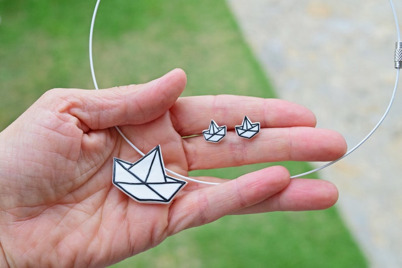 Japan Jewelry for Women, Minimalist Clay Stud Earrings, Japanese Origami Charm, Small Stud Earrings, Roommate Gift Jewelry Set, Sailor Gift image 3