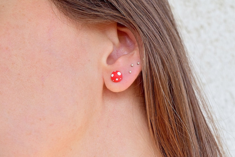 Mushroom Earrings with Red Fly Agaric Tiny Circles, Nature Jewelry for Amanita Muscaria Lover, 1 Year Anniversary Gift for Girlfriend image 1