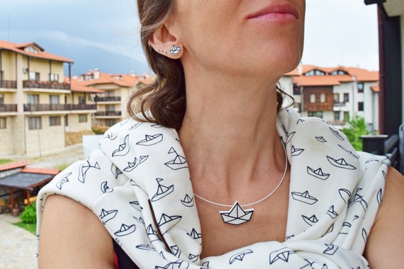 Japan Jewelry for Women, Paper Boat Necklace, Origami Necklace, Paper Boat Jewelry, Boat Life, White Necklace, Ship Pendant, Gift For Sailor