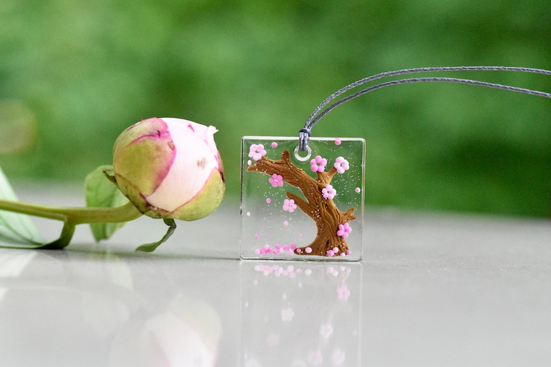 Cherry Blossom Necklace for Women, Sakura Pendant with Japan Tree, Forest Charm, 1 Year Anniversary Gift for Girlfriend, Nature Lover Gift image 1
