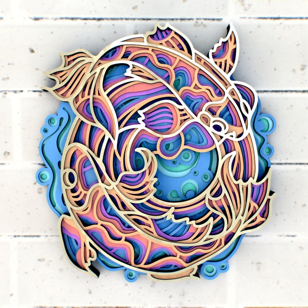 Mandala de peces SVG, panel multicapa para corte por láser, archivos SVG en capas para enrutador CNC láser o Cricut