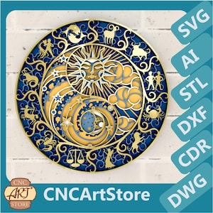 Zodiak zon en maan SVG | 3D-mandala lasergesneden bestanden | Papercut-ontwerp voor Cricut, CNC, STL-bestand voor 3D-printer | Uniek kunstdecor