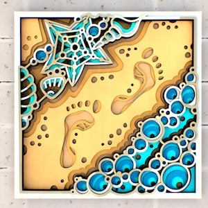 Puede incluir: Un marco blanco con un diseño de arte en papel en capas. El diseño presenta una estrella azul y blanca, huellas y un patrón circular azul y blanco.