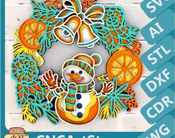 Christmas wreath with snowman 3D Mandala SVG files, Laser Cutting Plans, Cricut, Glowforge, DXF Templates for CNC router, 3D printer