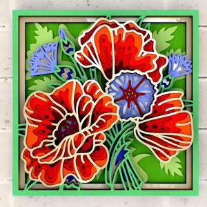 Mohnblumen und Kornblumen 3D Mandala svg, Multilayer Panel zum Laserschneiden, layered SVG Dateien für CNC-Fräser Laser oder Cricut