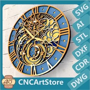 Orologio Sole e Luna SVG / File di taglio laser Mandala 3D / Design Papercut per Cricut, CNC, file STL orologio per stampante 3D / Decorazione artistica da parete unica