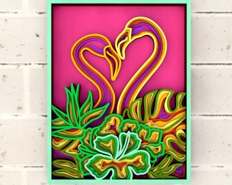 Flamingo Heart Decor Multilayer Panel for Laser Cutting, Cricut SVG files,  DXF Templates for CNC router
