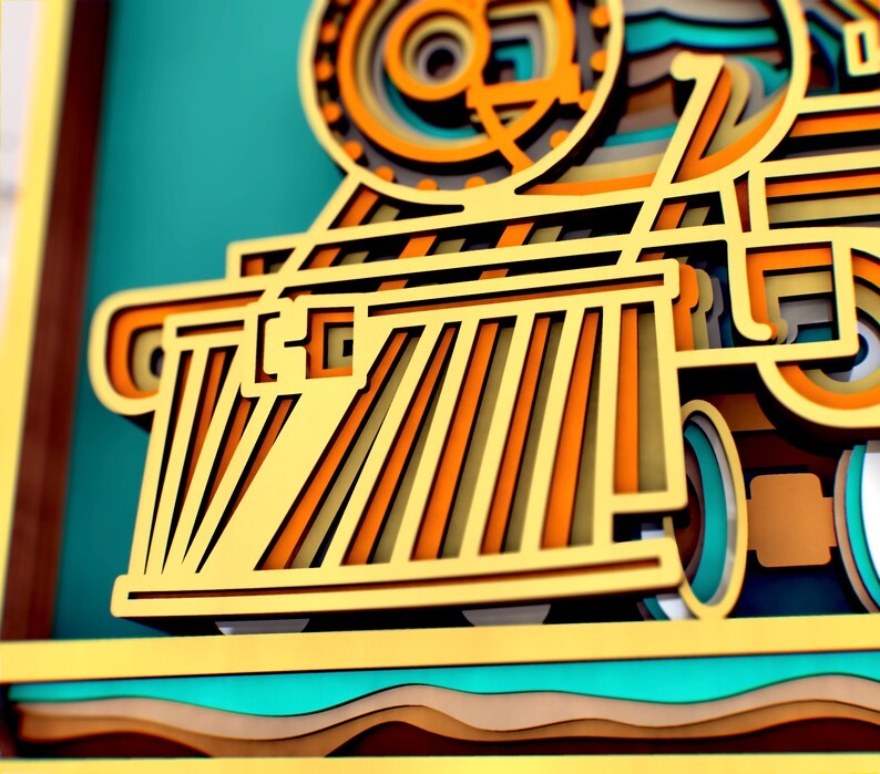 May include: A close-up of a wooden model of a train engine. The engine is made of layered wood and painted in shades of brown, orange, and yellow. The engine has a large wheel and a detailed design.