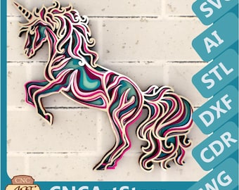 Unicorn 3D Mandala svg, Multilayer Panel for Laser Cutting, layered SVG files for CNC router Laser or Cricut