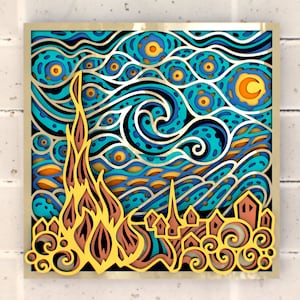 Starry Night Van Gogh 3D svg Mandala archivos, Panel multicapa para corte por láser, archivos SVG, Plantillas DXF para enrutador CNC