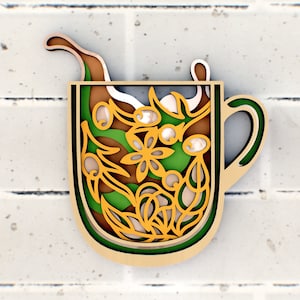Uma xícara de chá de ervas Cricut em camadas 3D ou arquivo de corte a laser, arquivo de presente para professor para artesanato em papel, arquivos SVG, modelos DXF para roteador CNC