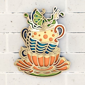 Tasses à thé fichier 3D en couches Cricut ou découpé au laser, décoration de cuisine, création de papier de l'heure du thé, fichiers SVG, modèles DXF pour routeur CNC