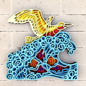 May include: A yellow and red seagull with intricate details flies over a blue wave with swirling patterns. Five red and orange fish are swimming in the wave.