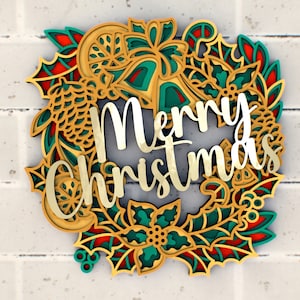 Merry Christmas Wreath 3D Mandala svg files, Multilayer Panel for Laser Cutting, SVG files,  DXF Templates for CNC router