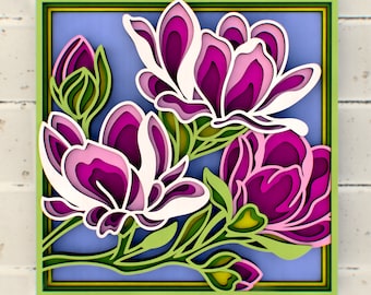 Magnolia flowers 3D svg Mandala files, Multilayer Panel for Laser Cutting, SVG files,  DXF Templates for CNC router