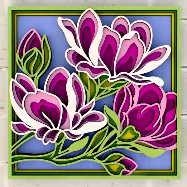 Magnolia fiori 3D svg file Mandala, pannello multistrato per taglio laser, file SVG, modelli DXF per router CNC