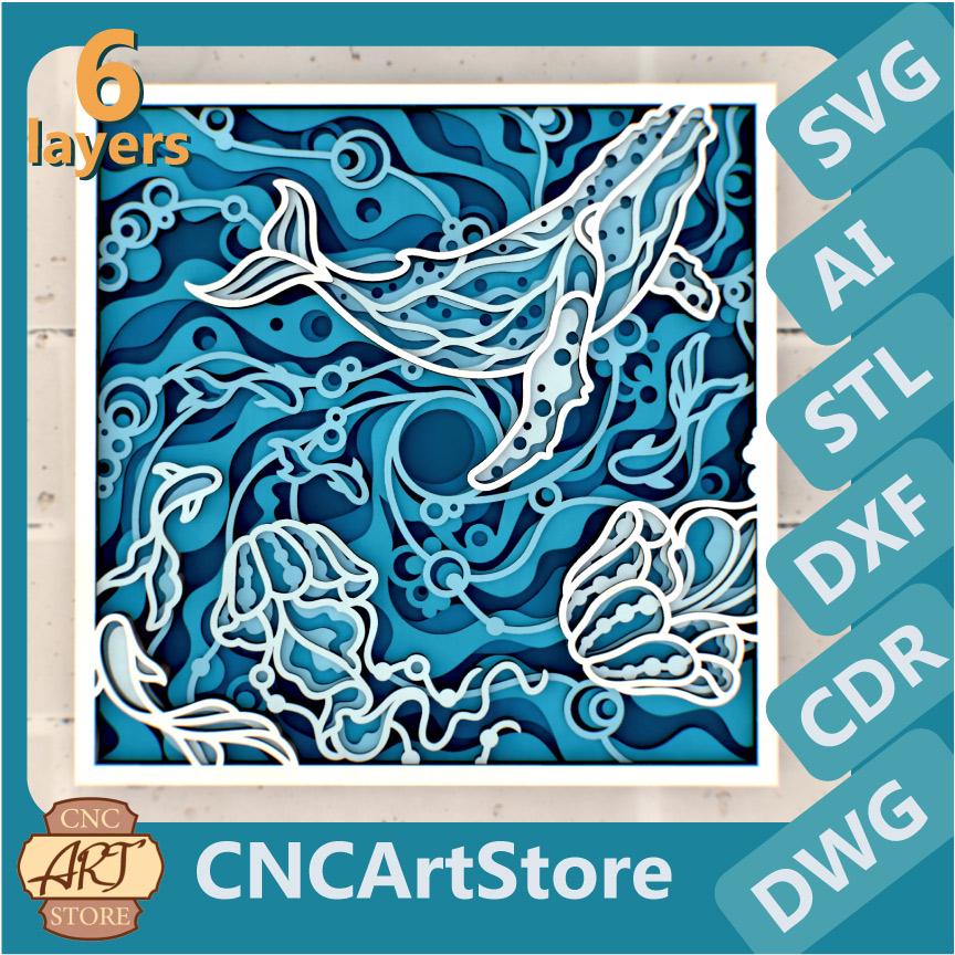Ocean Whirlpool 3D Layered Design | Whale & Jellyfish SVG | Papercut ...