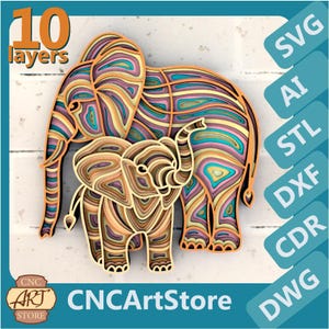 Peut inclure: Une œuvre d'art en bois en couches représentant un éléphant adulte et un éléphanteau. L'œuvre est composée de dix couches et présente un motif rayé coloré dans des tons orange, bleu, rose et marron. L'image comprend le texte "CNC ArtStore" et des options de type de fichier.