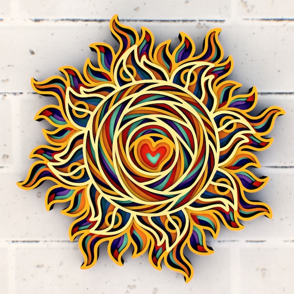 Sunny Heart 3D Mandala svg, Multilayer Panel for Laser Cutting, layered SVG files for CNC router Laser or Cricut