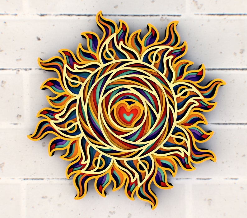 Sunny Heart 3D Mandala svg, Multilayer Panel for Laser Cutting, layered SVG files for CNC router Laser or Cricut image 1