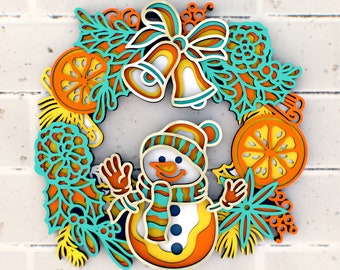 Christmas wreath with snowman 3D Mandala SVG files, New Year Decoration Laser Cutting Plans, Cricut, Glowforge, DXF Templates for CNC router