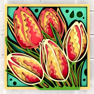 May include: A papercraft artwork featuring five yellow and red tulips with green leaves and stems. The tulips are layered and have a 3D effect. The background is a light blue color with white dots.