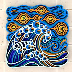 Große Welle bei Sternennacht 3D-Svg-Mandala-Dateien, mehrschichtiges Panel zum Laserschneiden, SVG-Dateien, DXF-Vorlagen für CNC-Fräser