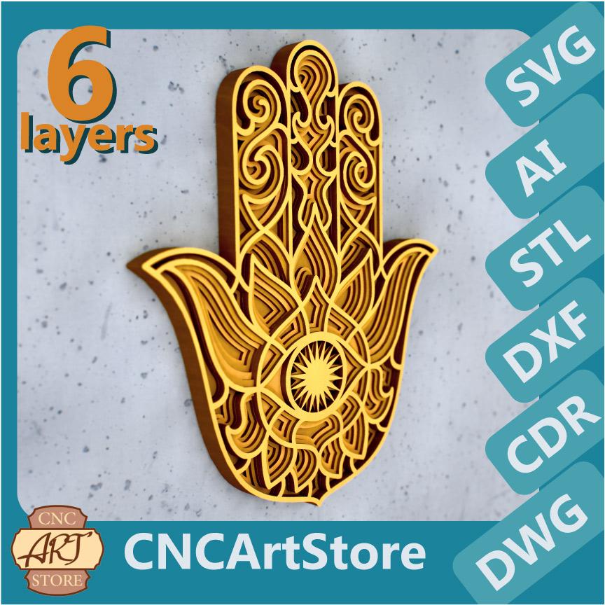 3D Mandala SVG Hamsa Hand Zentangle — 3D  Multilayer Panel, STL files for 3d printing, Hamsa DXF Templates for Laser Cutting