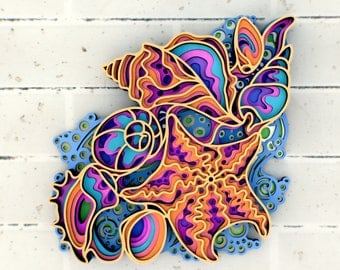 Seashells and Starfish 3D Mandala svg files, Multilayer Panel for Laser Cutting, SVG files,  DXF Templates for CNC router