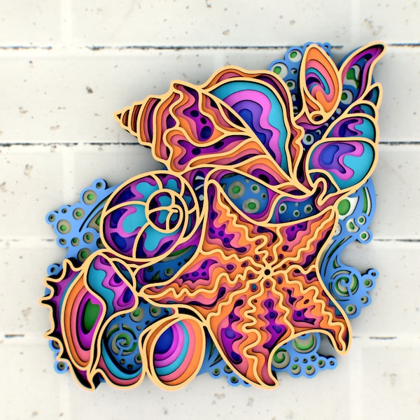 Archivos SVG de Mandala 3D de conchas y estrellas de mar, panel multicapa para corte láser, archivos SVG, plantillas DXF para enrutador CNC