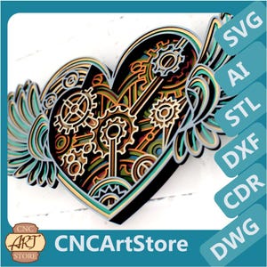 Steampunk Heart 3D Mandala svg 3D Mandala pliki wycinane laserowo Papercut Design dla Cricut, CNC, plik STL dla drukarki 3D | Unikalna dekoracja ścienna