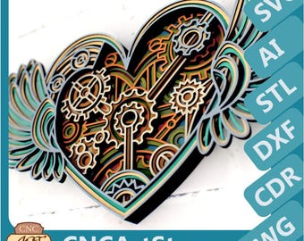 Steampunk Heart 3D Mandala svg  3D Mandala Laser Cut Files  Papercut Design for Cricut, CNC, STL file for 3D Printer | Unique Wall Art Decor
