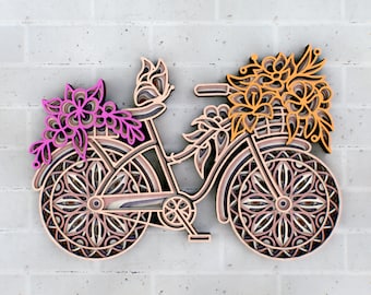 3D Floral Bicycle Zentangle SVG — 3D-meerlagenpaneel, SVG-bestanden om te snijden, DXF-sjablonen voor lasersnijden, Cat Cricut-bestanden