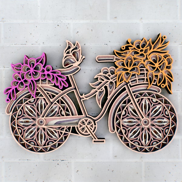 3D Floral Bicycle Zentangle SVG  — 3D  Multilayer Panel, SVG files for cutting, DXF Templates for Laser Cutting, Cat Cricut files