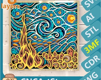 Starry Night Van Gogh 3D svg Mandala files, Multilayer Panel for Laser Cutting, SVG files, 3MF STL for 3D printing