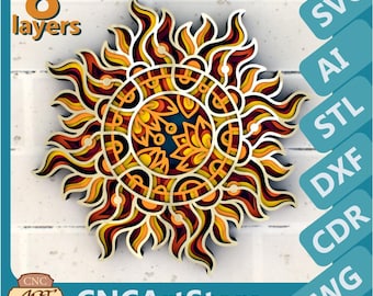 Floral Sun 3D Mandala svg | 3D Mandala Laser Cut Files | Papercut Design for Cricut, CNC, STL file for 3D Printer | Unique Wall Art Decor