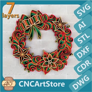Christmas Wreath 3D Zentangle svg files, Multilayer Panel for Laser Cutting, SVG files,  DXF Templates for CNC router