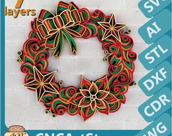 Christmas Wreath 3D Zentangle svg files, Multilayer Panel for Laser Cutting, SVG files,  DXF Templates for CNC router